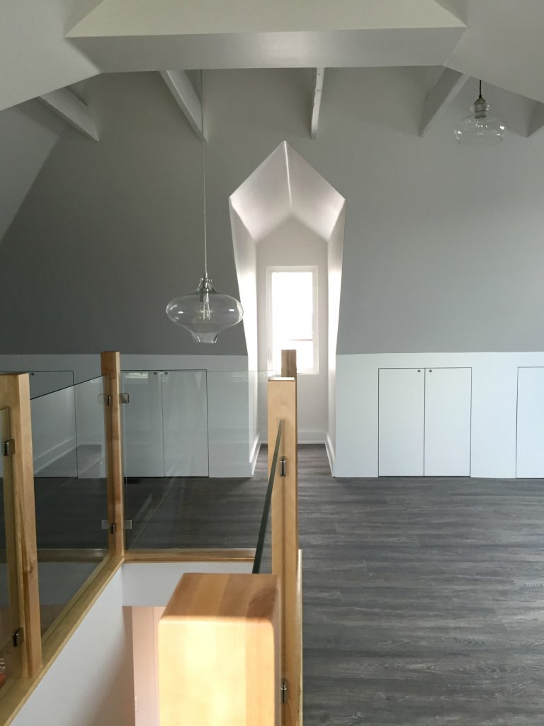 Custom Butcher Block Staircase with Glass Railing