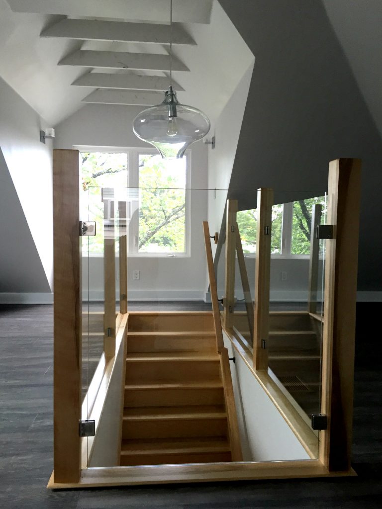 Custom Butcher Block Staircase with Glass Railing