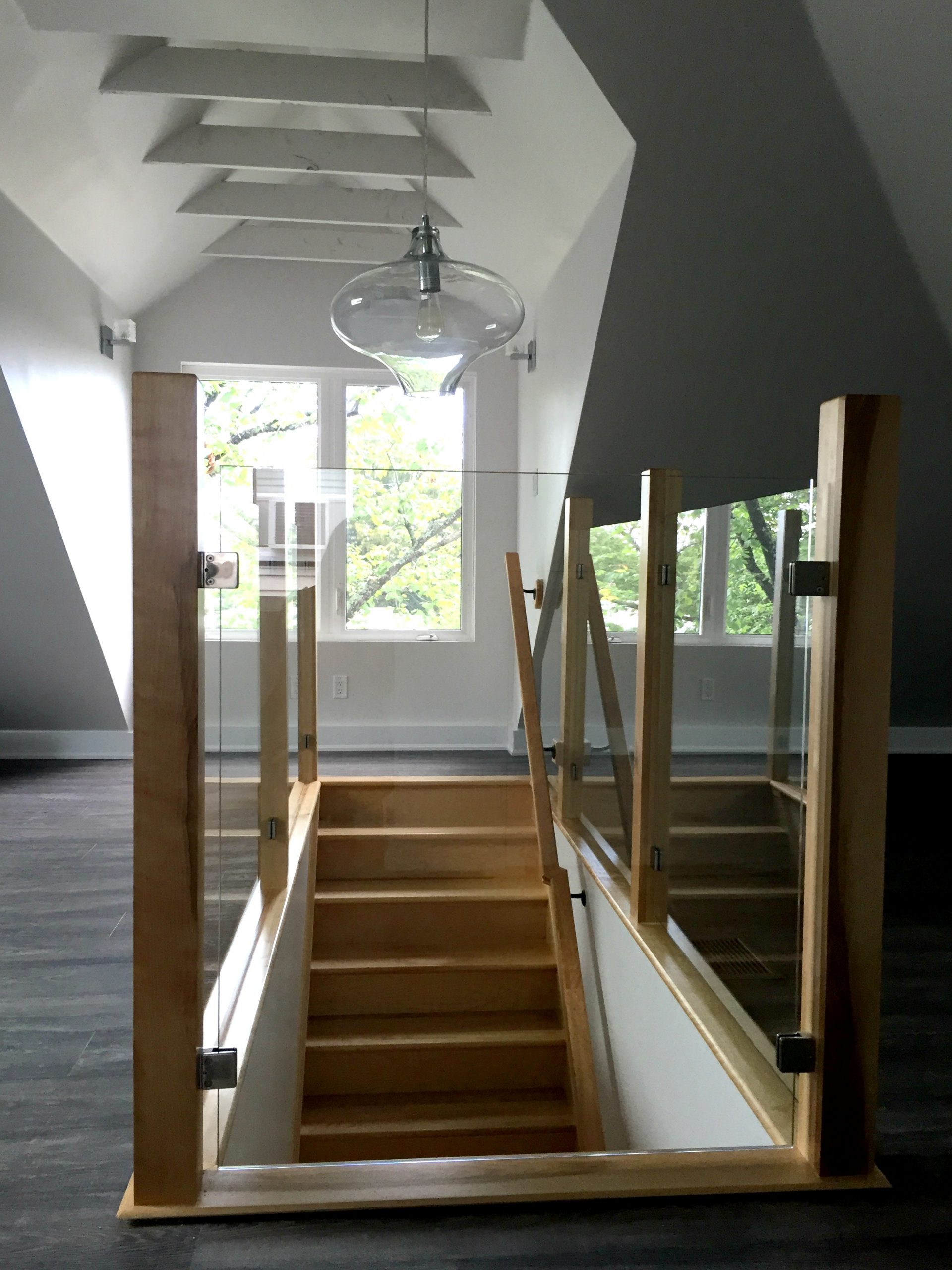 Custom Butcher Block Staircase with Glass Railing