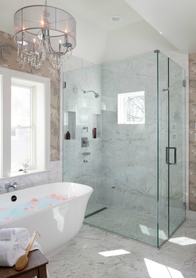 double vanity bathroom with wallpaper