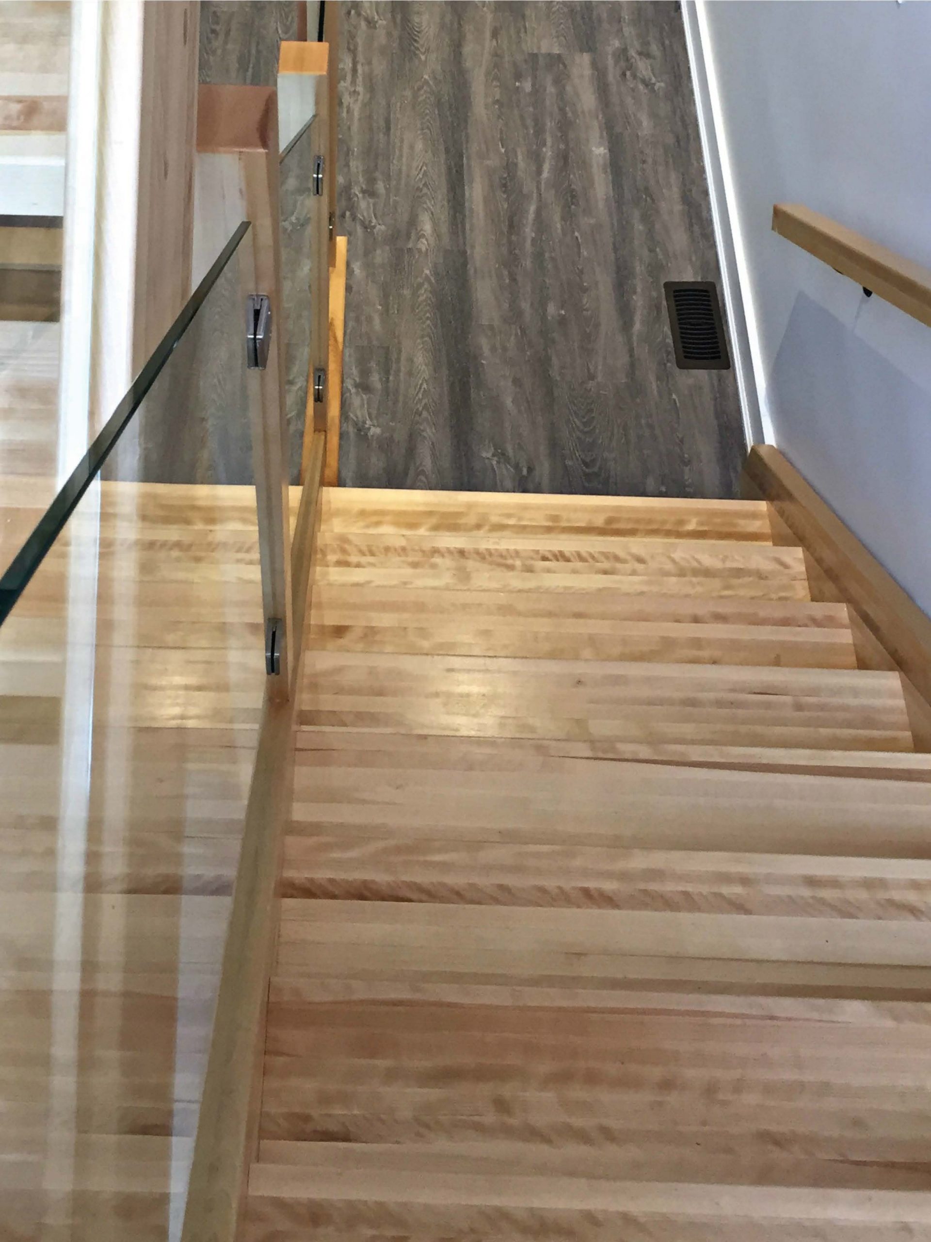 Custom Butcher Block Staircase with Glass Railing