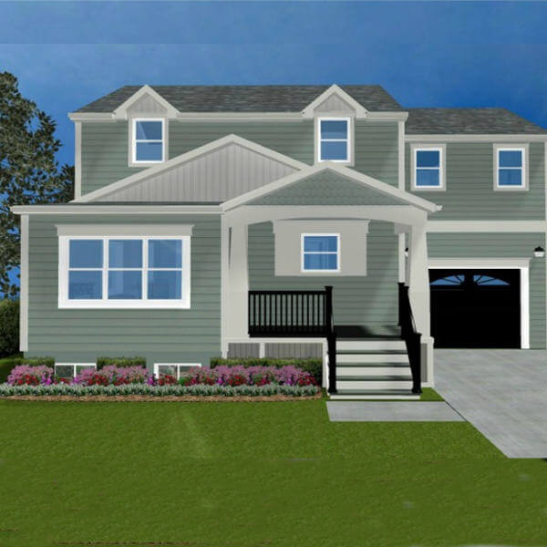 new addition rendering front entry, cape cod porch garage and second story master suite