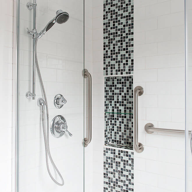 walk in shower mosaic accent shelf with accessibility bars