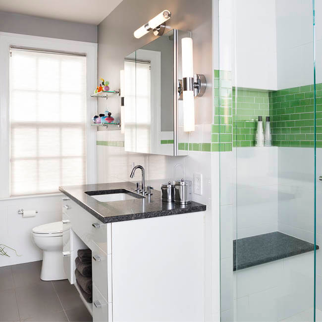 Fun and bright Green tiled bathroom renovation Halifax Case Design Remodeling