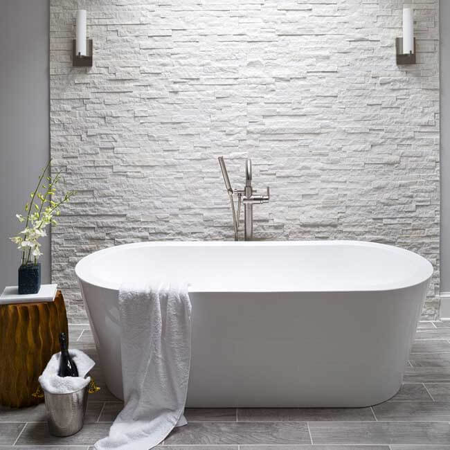 White Luxury Bathroom walk in shower and stand alone soaker tub, natural stone wall - Halifax Case