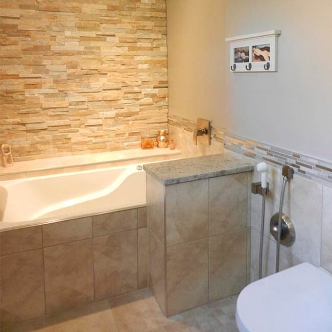 custom master bathroom ensuite remodel walkin closet, double vanity, walkin shower, stone wall Halifax Case Design Remodeling