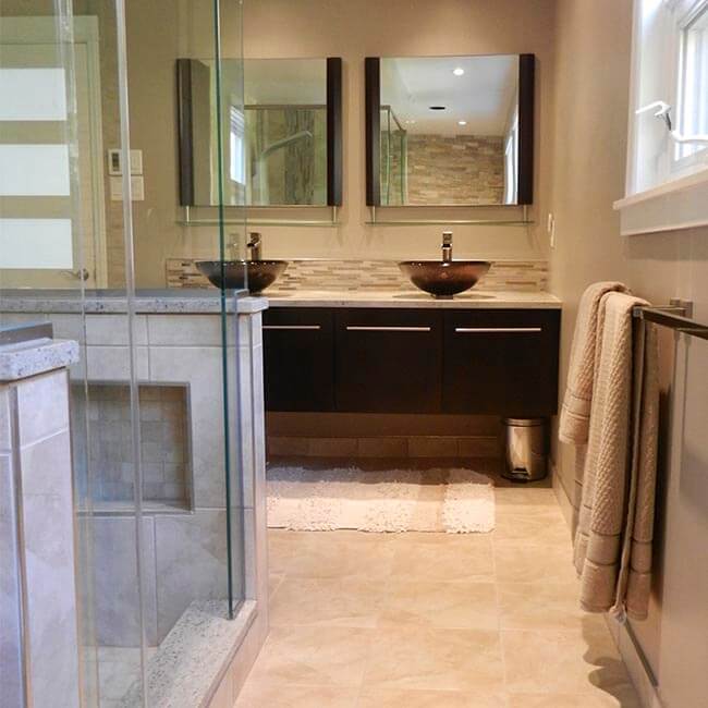custom master bathroom ensuite remodel walkin closet, double vanity, walkin shower, stone wall Halifax Case Design Remodeling