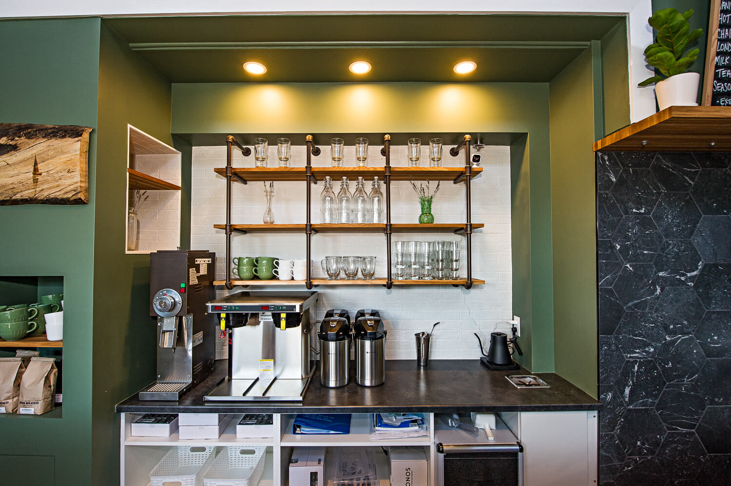 Open kitchen cafe shelves display nova scotia