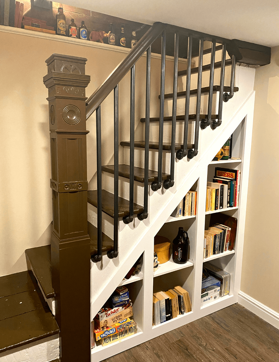 Stairs bookshelf Basement Renovation Recreation Transformation Ideas, Halifax 5